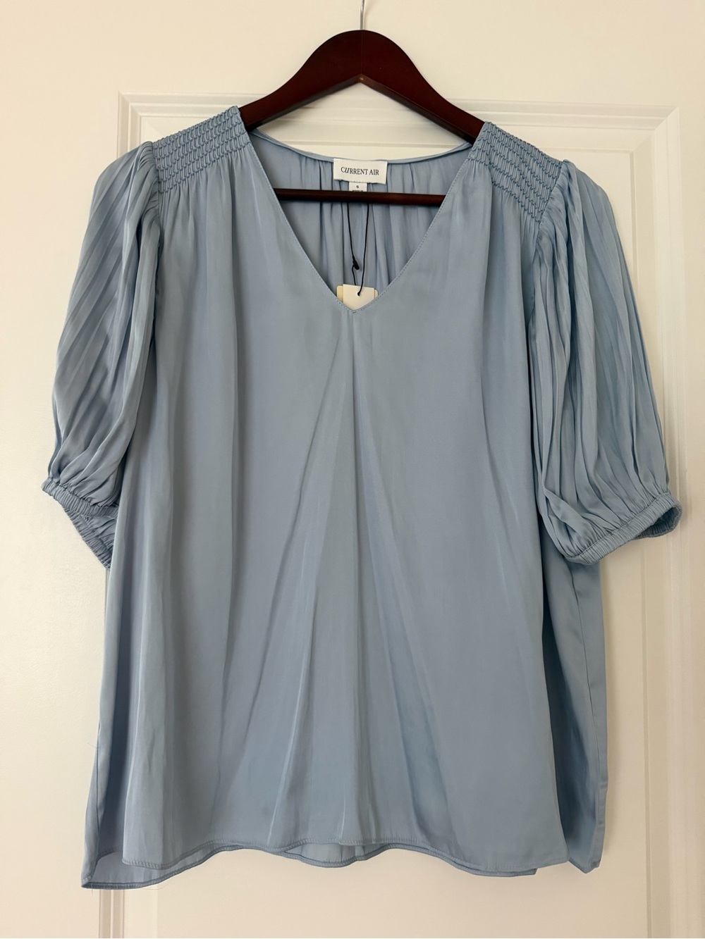 Current Air Light Blue V-Neck Pleated Puff Sleeve Blouse